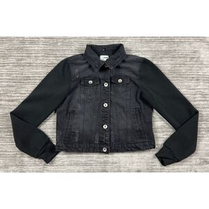 Cisono Jacket Womens Medium‎ Black Button Zip Front Multiple Pockets Crop Denim